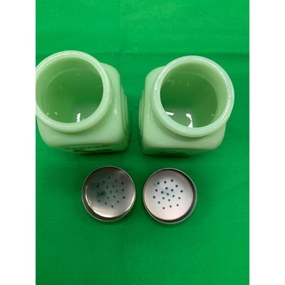 Vintage Jade Glass Salt & Pepper Shakers Rooster Graphics Metal Lids - Picture 4 of 7